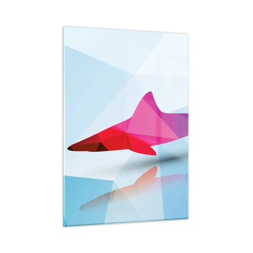 Obraz na szkle - Geometryczny rekin w odcieniach czerwieni i błękitu - 50x70cm - Rekin w krystalicznej przestrzeni - Nowoczesna dekoracja ścienna do salonu, kuchni i sypialni ARTTOR