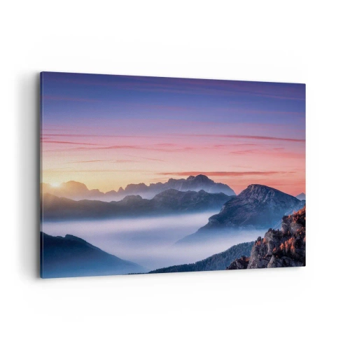 Obraz na płótnie - Górski krajobraz o wschodzie słońca z mgłami w dolinach - 100x70cm - Nad dolinami - Nowoczesna dekoracja ścienna do salonu, kuchni i sypialni ARTTOR