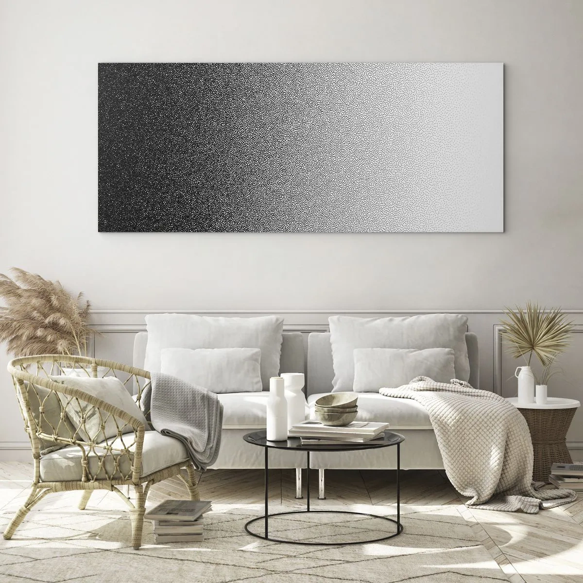Obraz na szkle - Minimalistyczny gradient czerni i bieli w punkcie - 160x50cm - W stronę światła - Nowoczesna dekoracja ścienna do salonu i sypialni ARTTOR
