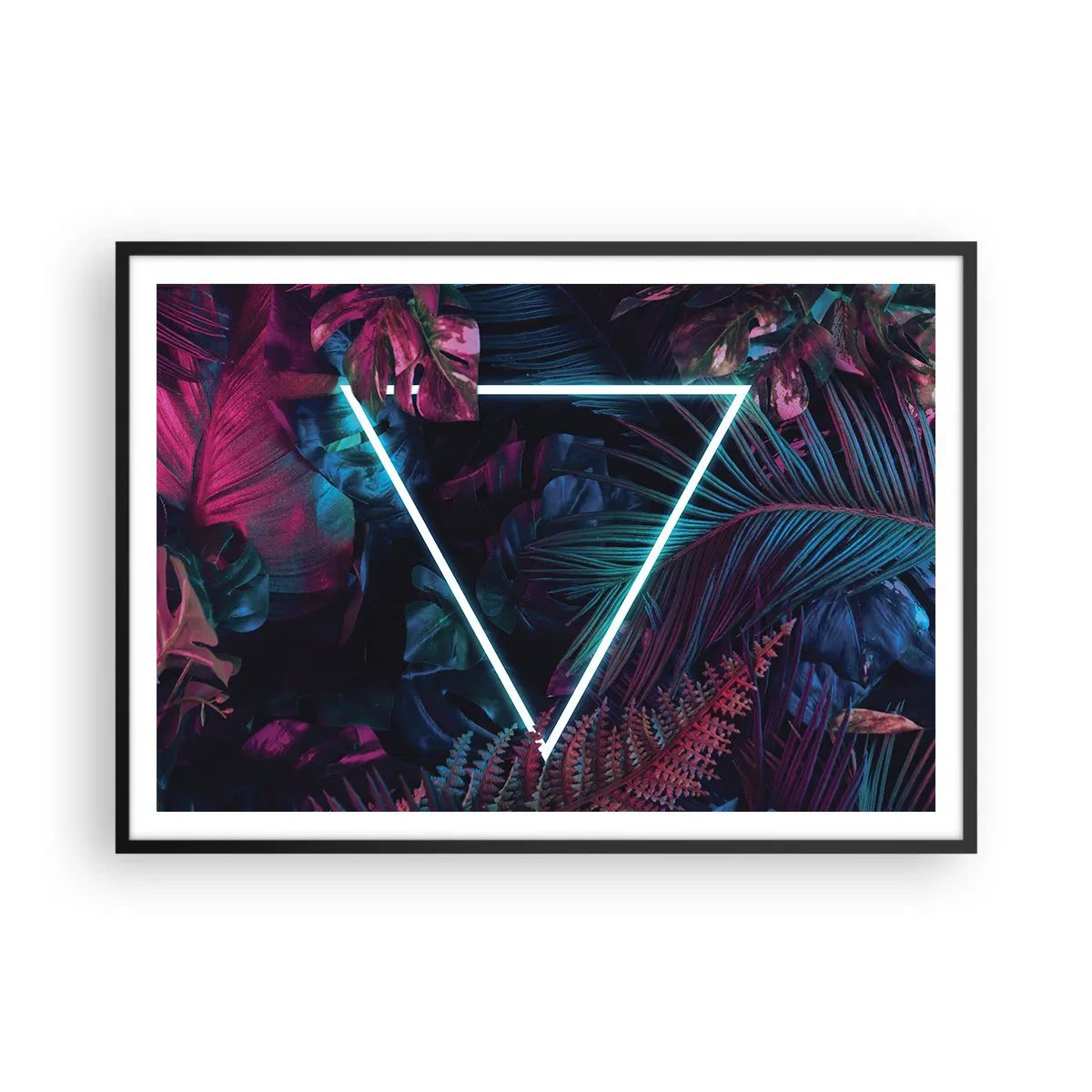 Plakat w czarnej ramie - Neonowy trójkąt w otoczeniu tropikalnych liści w ciemnych barwach - 100x70cm - Ogród w stylu disco - Nowoczesna dekoracja ścienna do salonu i sypialni ARTTOR