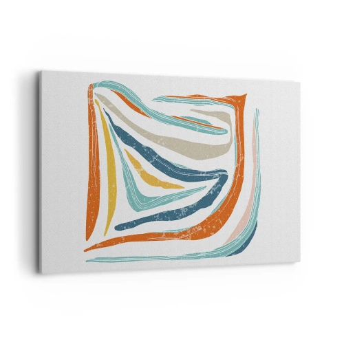 Obraz na płótnie - Kolorowe, dynamiczne linie w odcieniach błękitu, pomarańczu i beżu - 120x80cm - Abstrakcja przyjaźnie uśmiechnięta - Nowoczesna dekoracja ścienna do salonu, kuchni i sypialni ARTTOR