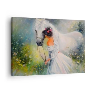 Obraz na płótnie - Kobieta z białym koniem w malowniczej scenerii - 70x50cm - Jak z pięknego snu - Nowoczesna dekoracja ścienna do salonu i sypialni ARTTOR