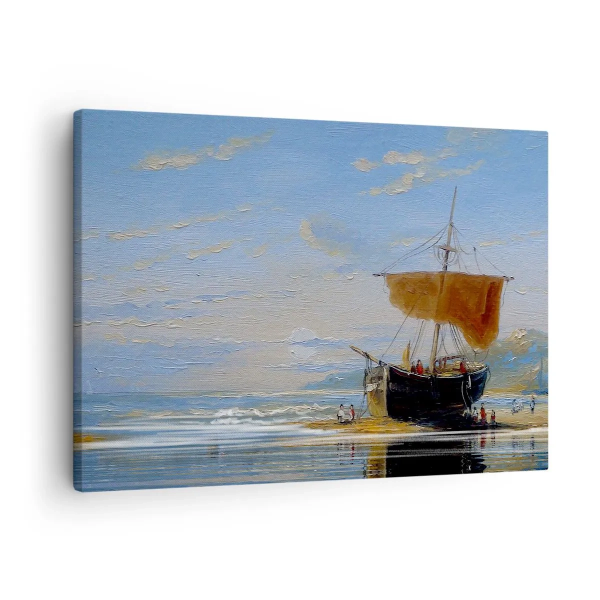 Obraz na płótnie - Statek na brzegu morza w słoneczny dzień - 70x50cm - Woda, ziemia, powietrze - Nowoczesna dekoracja ścienna do salonu i sypialni ARTTOR