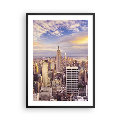 Plakat w czarnej ramie - Panorama Nowego Jorku z Empire State Building o zachodzie - 50x70cm - Sięgnąć samych chmur - Nowoczesna dekoracja ścienna do salonu i sypialni ARTTOR