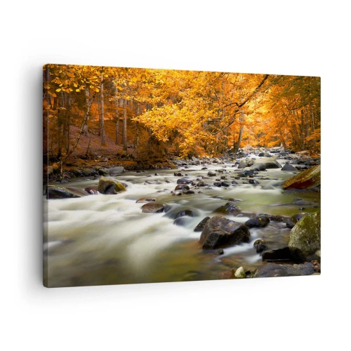Obraz na płótnie - Strumień w jesiennym lesie otoczony złotymi liśćmi - 70x50cm - Potok w złotym lesie - Nowoczesna dekoracja ścienna do salonu i sypialni ARTTOR