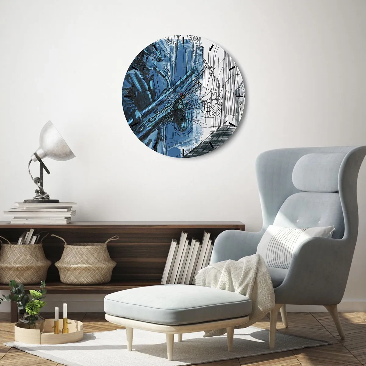 Zegar ścienny - Muzyk jazzowy w artystycznej interpretacji - 30x30cm - Miejska rapsodia - Nowoczesna dekoracja ścienna do salonu, kuchni i sypialni ARTTOR