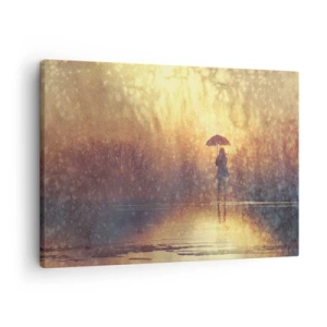 Obraz na płótnie - Postać z parasolem w mglistym krajobrazie pełnym refleksji - 70x50cm - Czuję, że ktoś na mnie patrzy - Nowoczesna dekoracja ścienna do salonu i sypialni ARTTOR