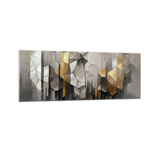 Obraz na szkle - Geometryczna abstrakcja w odcieniach złota i szarości - 140x50cm - Kompozycja z lodu i światła - Nowoczesna dekoracja ścienna do salonu i sypialni ARTTOR