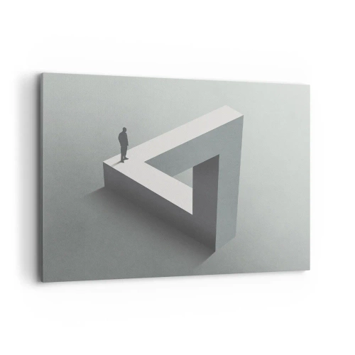 Obraz na płótnie - Postać stojąca na trójkącie Penrose’a w szarościach - 100x70cm - A jednak możliwe - Nowoczesna dekoracja ścienna do salonu, kuchni i sypialni ARTTOR
