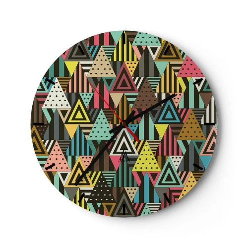 Zegar ścienny - Kolorowe trójkąty w geometrycznym wzorze na ciemnym tle - 30x30cm - W rytmie na trzy - Nowoczesna dekoracja ścienna do salonu, kuchni i sypialni ARTTOR