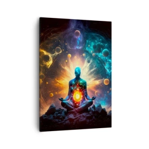 Obraz na płótnie - Medytująca postać otoczona kosmiczną energią w intensywnych barwach - 50x70cm - Kosmiczny spokój - Nowoczesna dekoracja ścienna do salonu, kuchni i sypialni ARTTOR