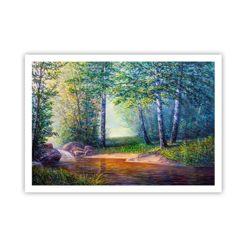 Plakat - Leśny strumyk otoczony brzozami i słońcem - 100x70cm - Sielankowa sceneria - Nowoczesna dekoracja ścienna do salonu i sypialni ARTTOR