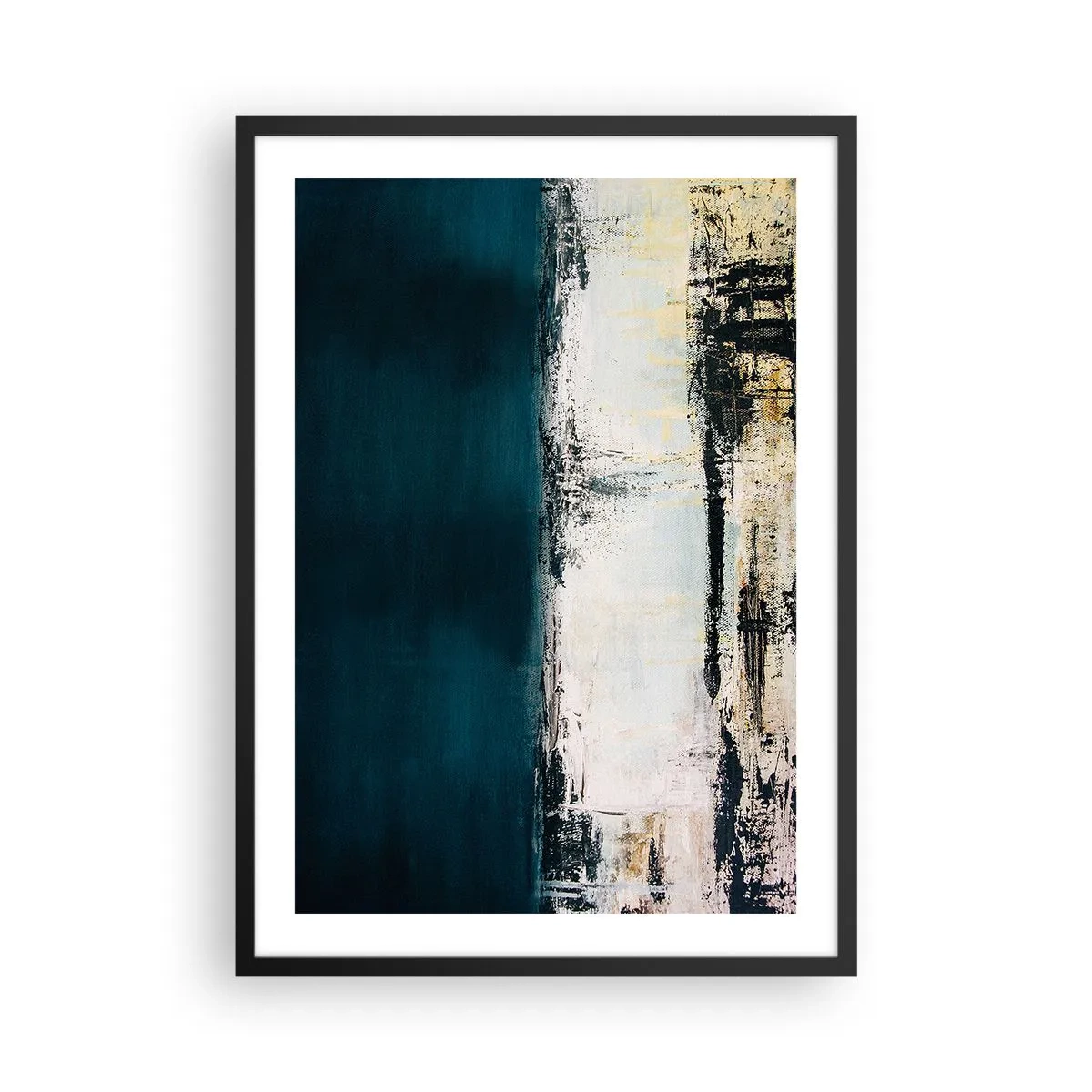 Plakat w czarnej ramie - Abstrakcyjna kompozycja w tonacji granatowo-beżowej - 50x70cm - Kompozycja horyzontalna - Nowoczesna dekoracja ścienna do salonu i sypialni ARTTOR