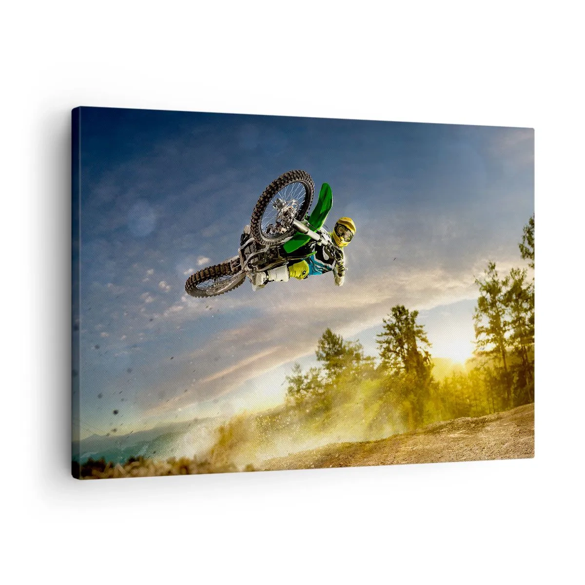 Obraz na płótnie - Motocyklista w dynamicznym skoku - 70x50cm - Włącz emocje! - Nowoczesna dekoracja ścienna do salonu i sypialni ARTTOR