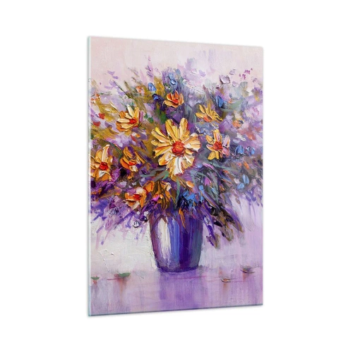 Obraz na szkle - Bukiet kolorowych kwiatów w wazonie na pastelowym tle - 50x70cm - Słodko pachnie, słodko wygląda - Nowoczesna dekoracja ścienna do salonu, kuchni i sypialni ARTTOR