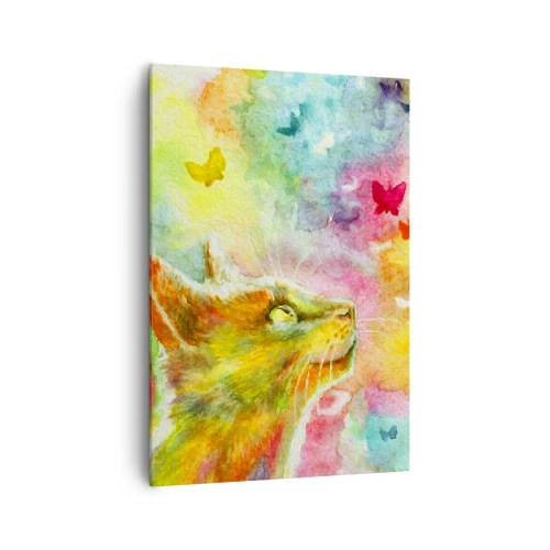 Obraz na płótnie - Kot w otoczeniu kolorowych motyli - 70x100cm - Baju-baju w kocim raju - Nowoczesna dekoracja ścienna do salonu i sypialni ARTTOR