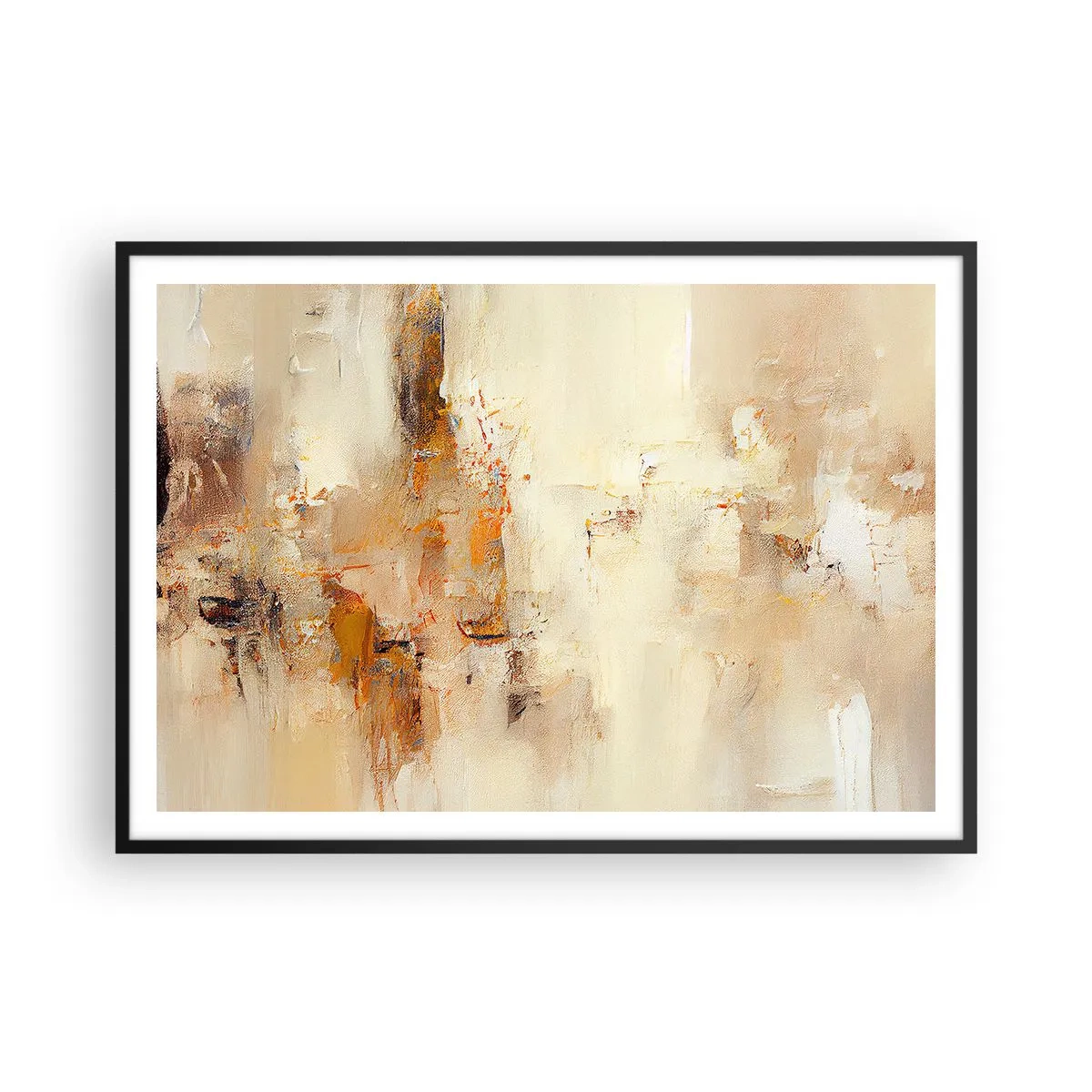 Plakat w czarnej ramie - Abstrakcyjna kompozycja w ciepłych odcieniach żółci i brązu - 100x70cm - Dusza bursztynu - Nowoczesna dekoracja ścienna do salonu i sypialni ARTTOR