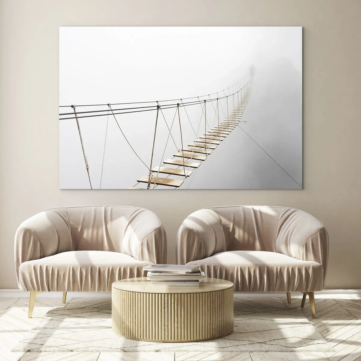 Obraz na szkle - Wiszący most we mgle prowadzący w nieznane - 70x50cm - Dokąd cię zaprowadzi? - Nowoczesna dekoracja ścienna do salonu i sypialni ARTTOR