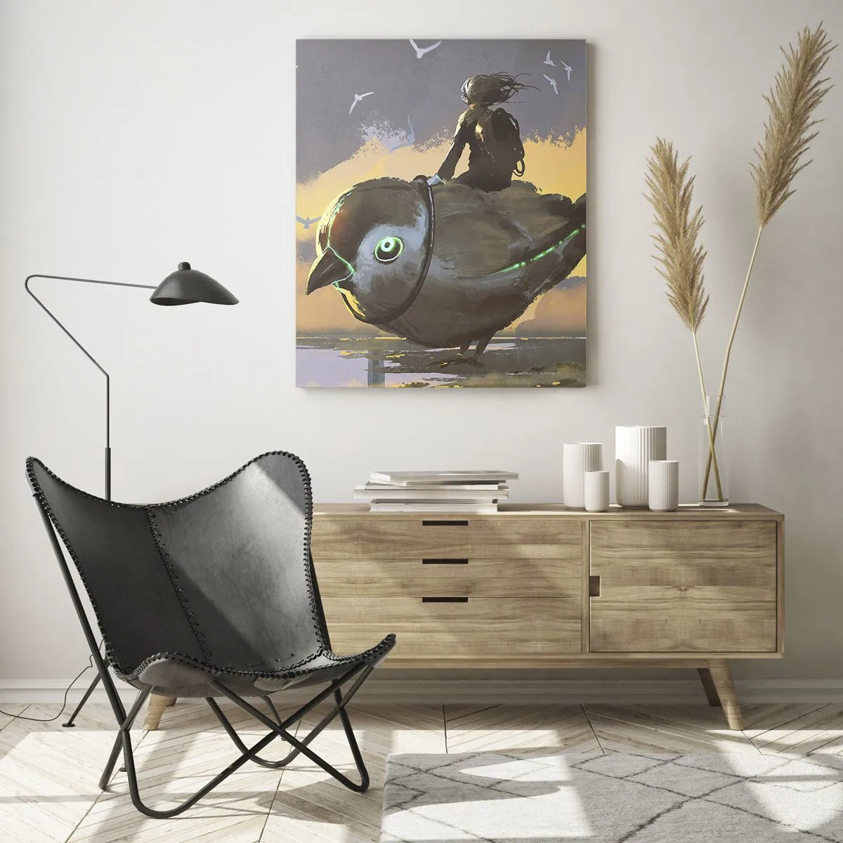 Obraz na szkle - Jeździec na gigantycznym ptaku w surrealistycznym krajobrazie - 70x100cm - Przystanek w fantastycznej podróźy - Nowoczesna dekoracja ścienna do salonu i sypialni ARTTOR