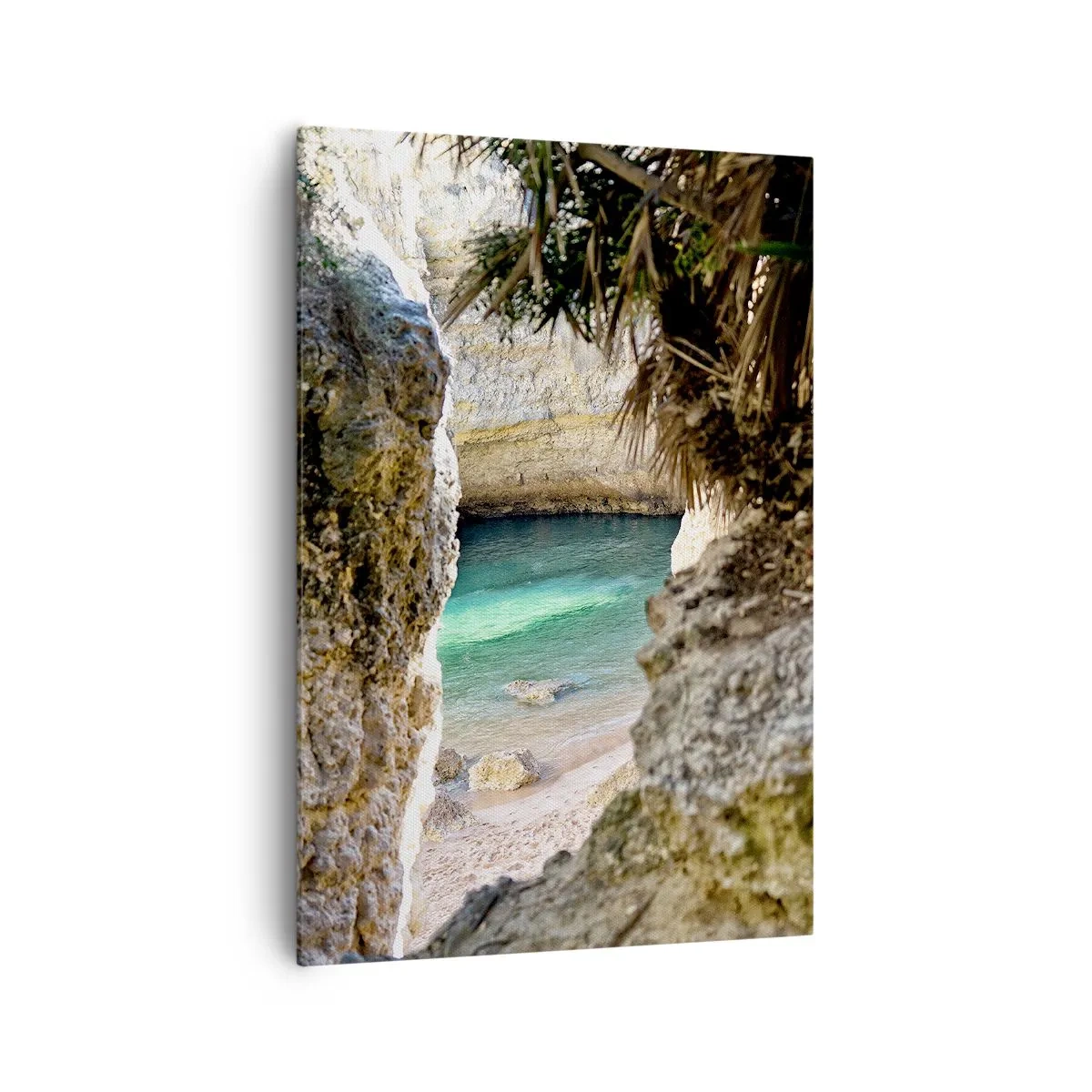 Obraz na płótnie - Widok na ukrytą zatokę z turkusową wodą otoczoną skalistym klifem - 70x100cm - Turkusowa zatoka - Nowoczesna dekoracja ścienna do salonu i sypialni ARTTOR