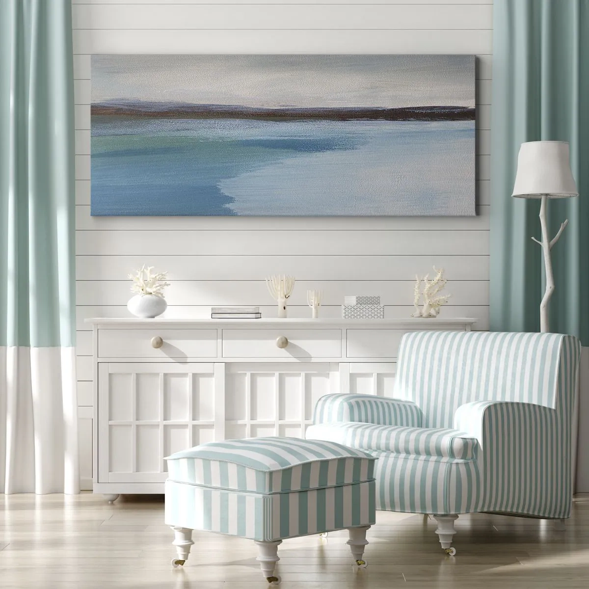 Obraz na płótnie - Minimalistyczny pejzaż z linią wody i horyzontem - 160x50cm - Pejzaż horyzontalny - Nowoczesna dekoracja ścienna do salonu i sypialni ARTTOR