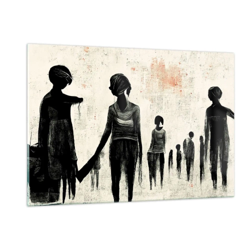 Obraz na szkle - Czarne postacie w ruchu na jasnym tle z czerwoną fakturą - 120x80cm - Przeciw samotności - Nowoczesna dekoracja ścienna do salonu, kuchni i sypialni ARTTOR