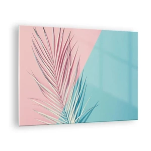 Obraz na szkle - Liść palmy na pastelowym tle w geometrycznej kompozycji - 70x50cm - Tropikalna impresja - Nowoczesna dekoracja ścienna do salonu i sypialni ARTTOR