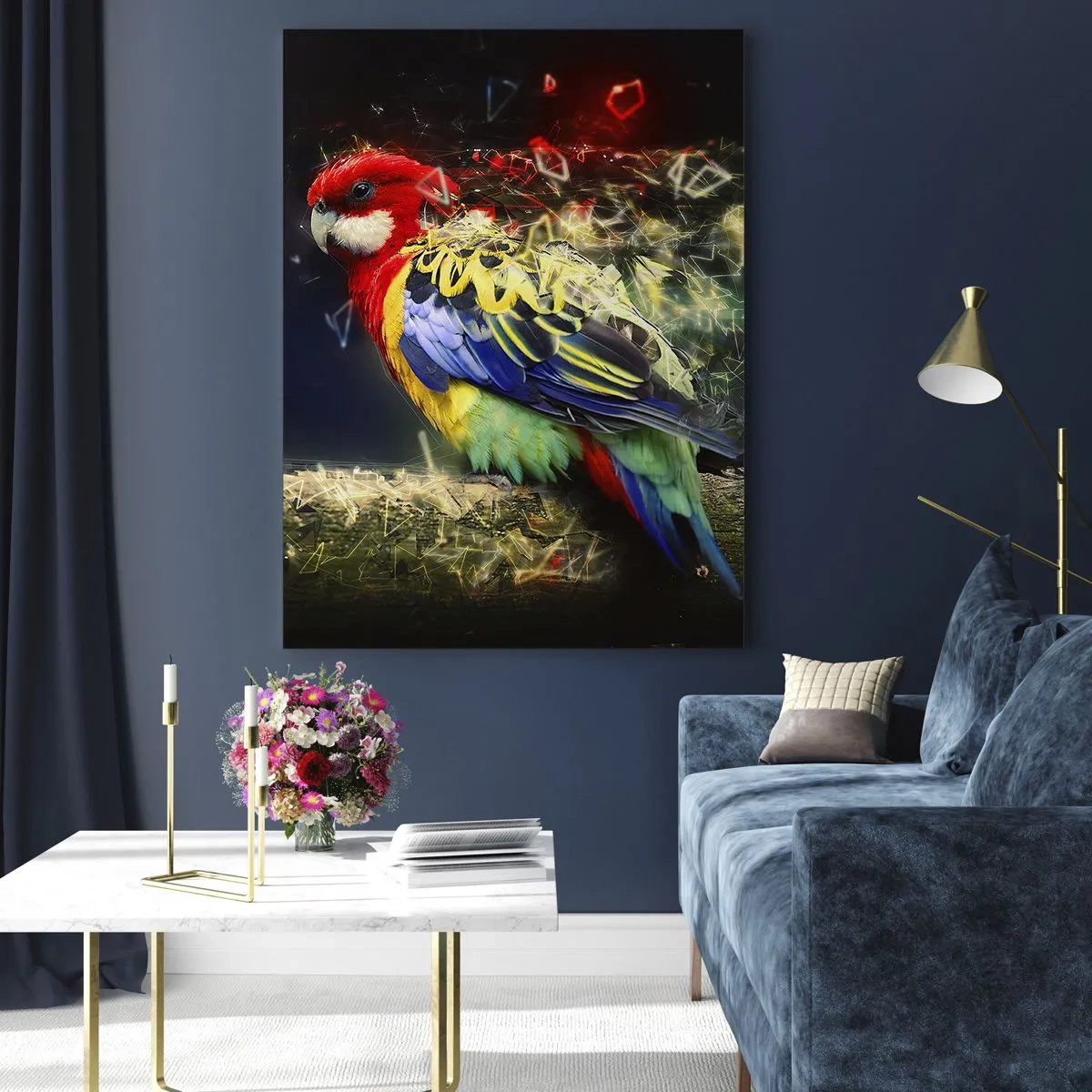 Obraz na szkle - Papuga w żywych kolorach na tle efektów świetlnych - 80x120cm - Posłaniec blasku - Nowoczesna dekoracja ścienna do salonu i sypialni ARTTOR