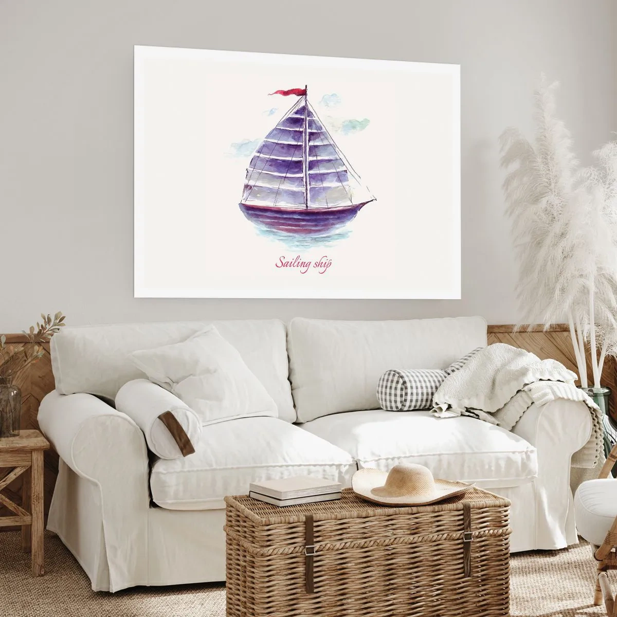 Plakat - Akwarelowy obraz żaglówki na wodzie z delikatnym napisem - 100x70cm - Pełnych żagli i spokojnej wody - Nowoczesna dekoracja ścienna do salonu i sypialni ARTTOR