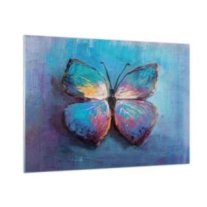 Obraz na szkle - Kolorowy motyl na tle abstrakcyjnych barw w odcieniach niebieskiego i fioletu - 100x70cm - W pełnej krasie - Nowoczesna dekoracja ścienna do salonu, kuchni i sypialni ARTTOR