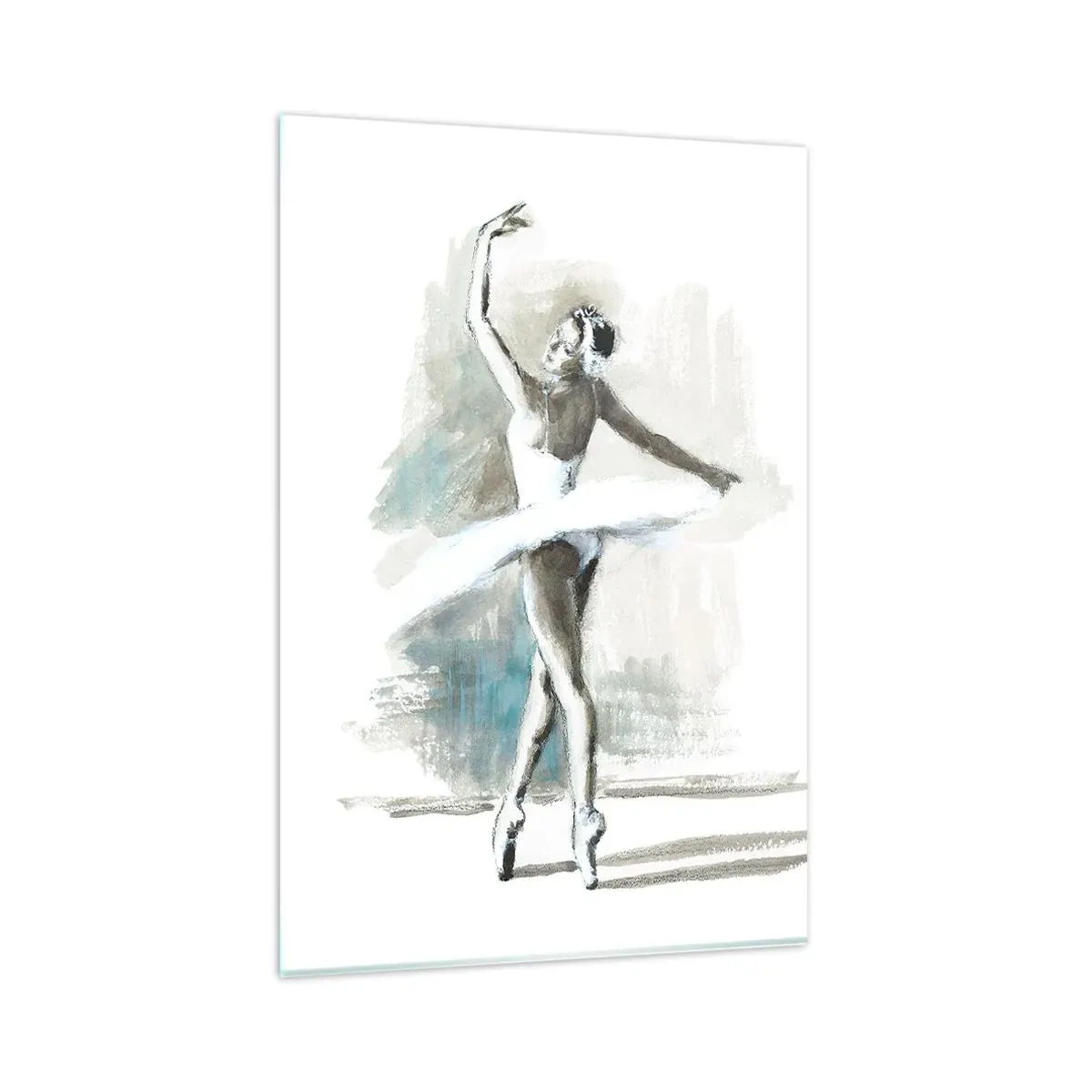 Obraz na szkle - Tancerka baletowa w pozie baletowej na tle delikatnych akwarelowych tonacji - 80x120cm - Zaklęta w łabędzia - Nowoczesna dekoracja ścienna do salonu i sypialni ARTTOR