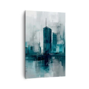 Obraz na płótnie - Nowoczesne miasto w odcieniach turkusu i szarości - 80x120cm - Miasto w kolorze deszczu - Nowoczesna dekoracja ścienna do salonu i sypialni ARTTOR