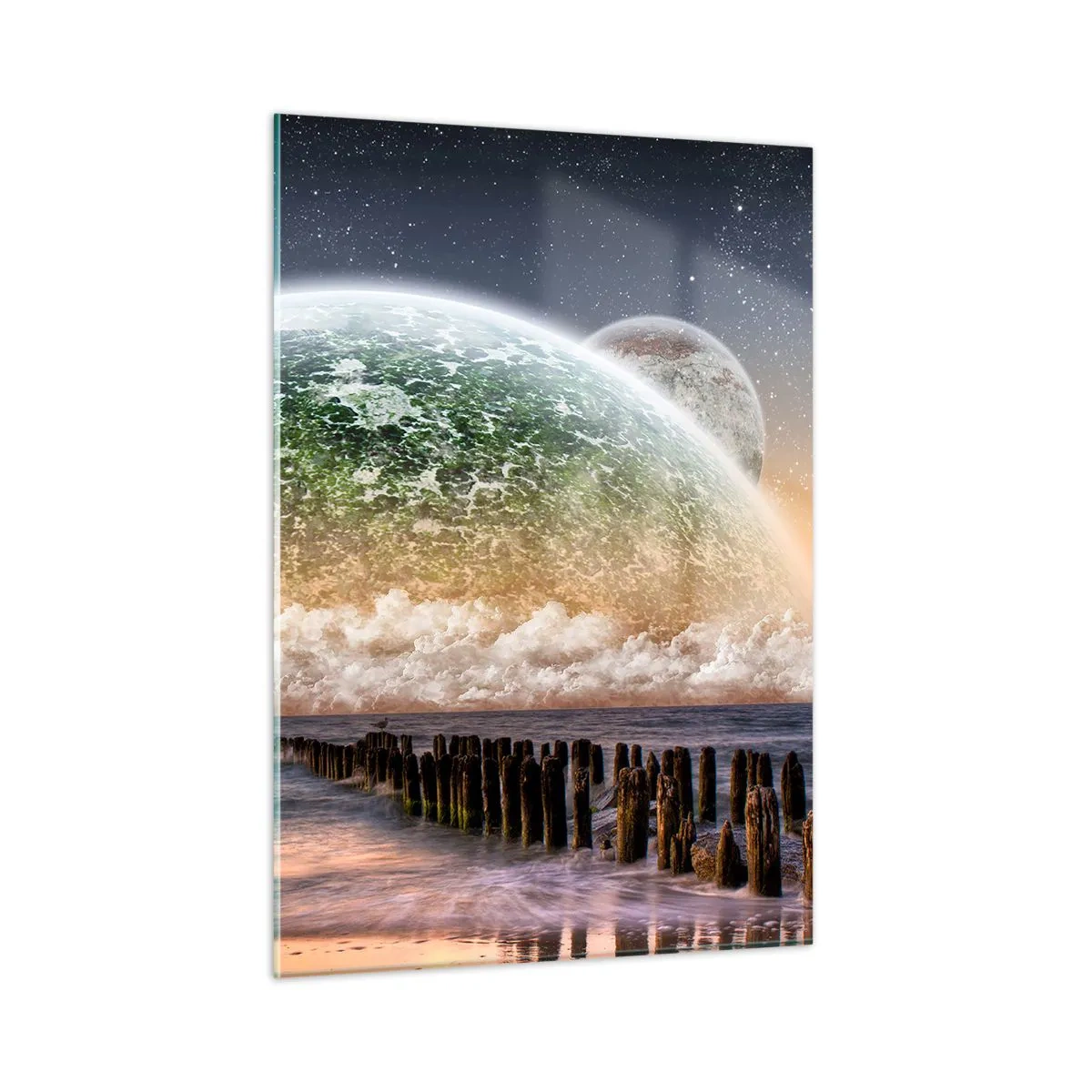 Obraz na szkle - Zachód słońca nad planetą i oceanem - 50x70cm - I świat wyłonił się z wody - Nowoczesna dekoracja ścienna do salonu, kuchni i sypialni ARTTOR