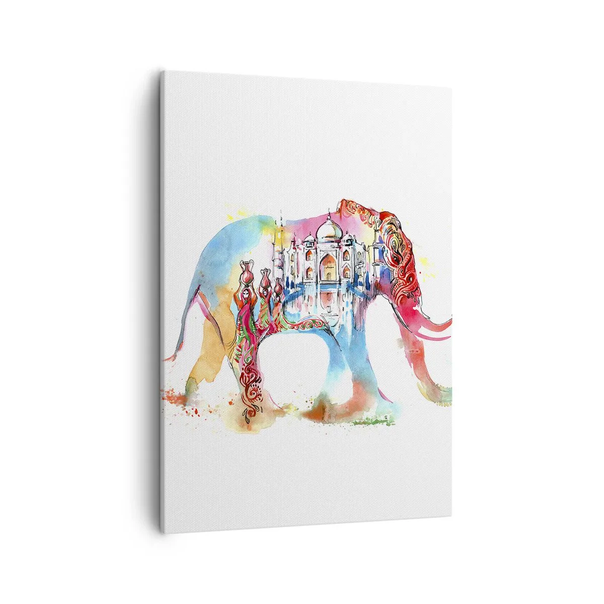 Obraz na płótnie - Akwarelowy słoń z indyjskimi motywami i Taj Mahal w tle - 50x70cm - Indie - aura miłości - Nowoczesna dekoracja ścienna do salonu, kuchni i sypialni ARTTOR