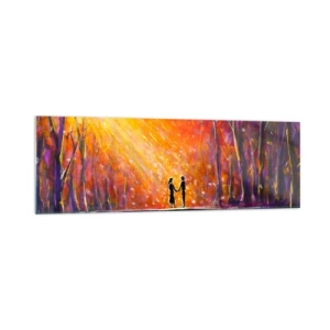 Obraz na szkle - Romantyczna para na moście w jesiennym lesie - 160x50cm - Niebo ich też kocha - Nowoczesna dekoracja ścienna do salonu i sypialni ARTTOR