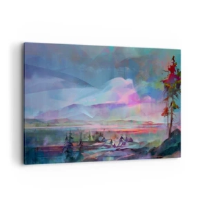 Obraz na płótnie - Pejzaż górski z kolorowym niebem i wioską - 100x70cm - Pod życzliwym niebem - Nowoczesna dekoracja ścienna do salonu, kuchni i sypialni ARTTOR