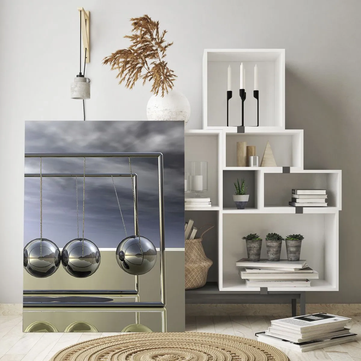 Obraz na szkle - Kule Newtona w minimalistycznym otoczeniu z refleksami światła - 80x120cm - Energia świata - Nowoczesna dekoracja ścienna do salonu i sypialni ARTTOR