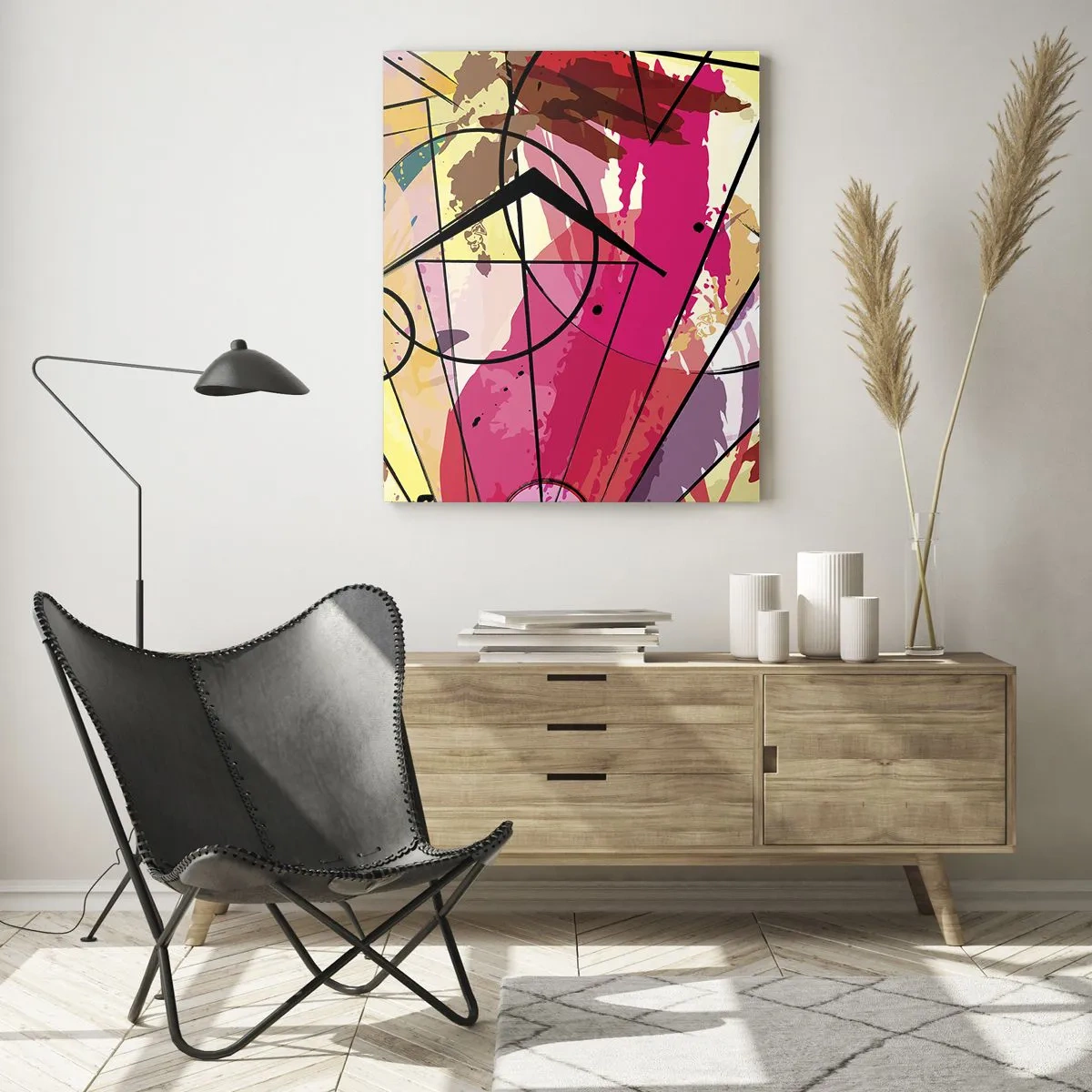 Obraz na szkle - Kolorowa abstrakcja z geometrycznymi wzorami i liniami - 50x70cm - Eksplozja - Nowoczesna dekoracja ścienna do salonu, kuchni i sypialni ARTTOR