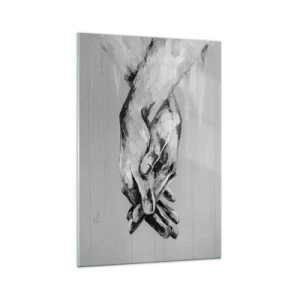 Obraz na szkle - Czarno-biała kompozycja dwóch splecionych dłoni na jasnym tle - 70x100cm - Początek… - Nowoczesna dekoracja ścienna do salonu i sypialni ARTTOR