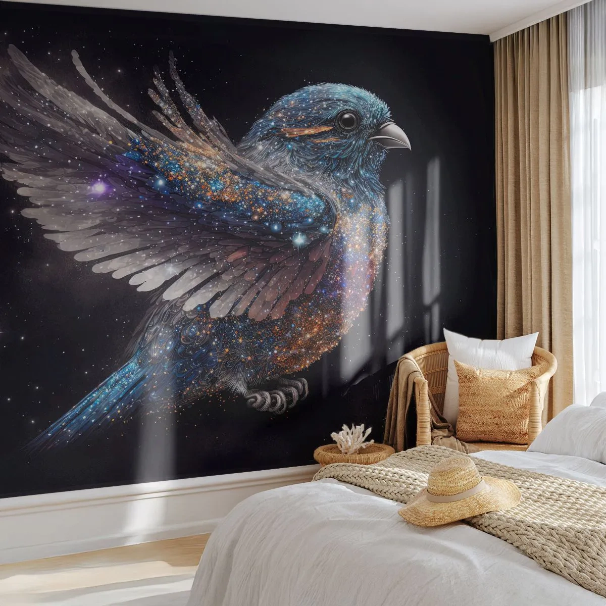 Fototapeta Premium Sand - Kosmiczny wróbel z diamentowym połyskiem na czerni - 100x70cm - Diamentowy wróbel - Nowoczesna dekoracja ścienna do salonu, kuchni i sypialni ARTTOR