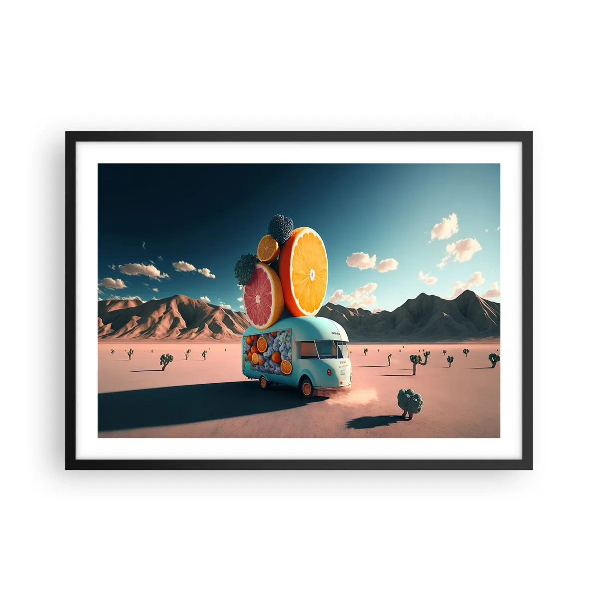 Plakat w czarnej ramie - Furgonetka z owocami w pustynnym krajobrazie - 70x50cm - Smak wakacji - Nowoczesna dekoracja ścienna do salonu i sypialni ARTTOR