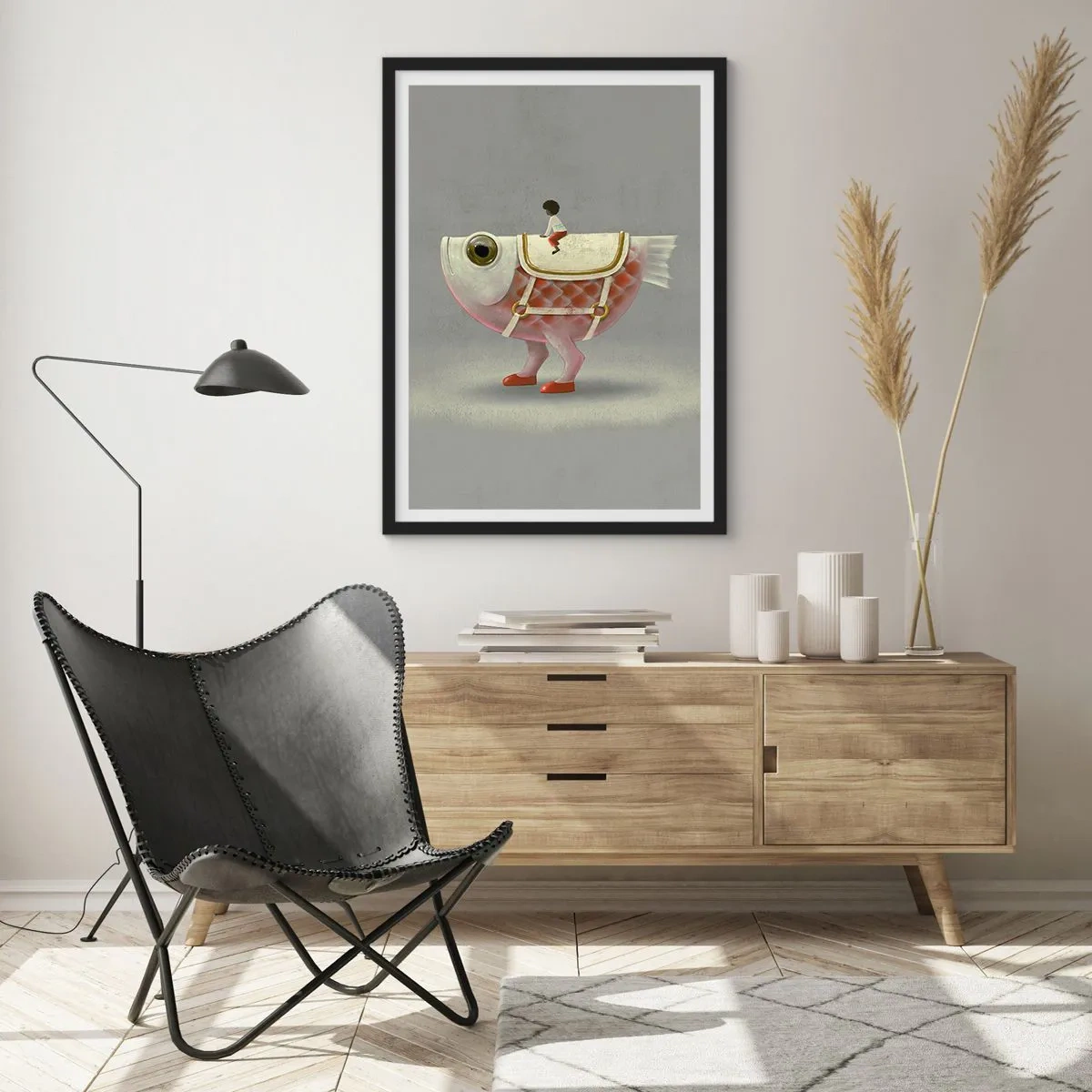 Plakat w czarnej ramie - Fantazyjna ryba z siodłem i postacią na tle szarości - 50x70cm - Ryboński jeździec - Nowoczesna dekoracja ścienna do salonu i sypialni ARTTOR