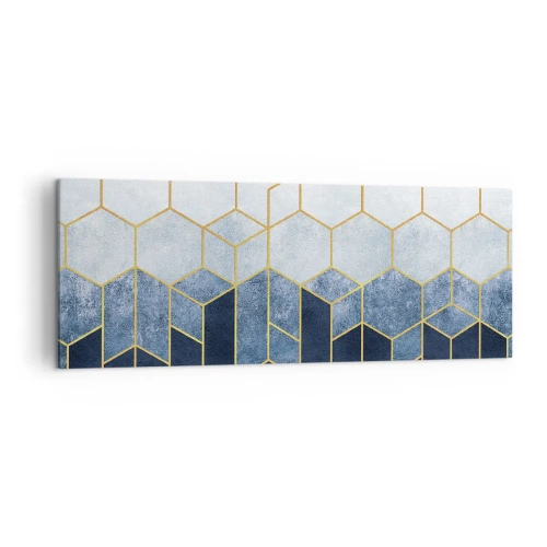 Obraz na płótnie - Geometryczny wzór w odcieniach złota i granatu - 140x50cm - Kompozycja w synkopowym rytmie - Nowoczesna dekoracja ścienna do salonu i sypialni ARTTOR
