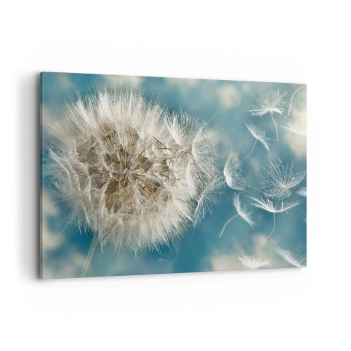 Obraz na płótnie - Zdmuchiwany dmuchawiec na tle niebieskiego nieba - 100x70cm - Oddech anioła - Nowoczesna dekoracja ścienna do salonu, kuchni i sypialni ARTTOR