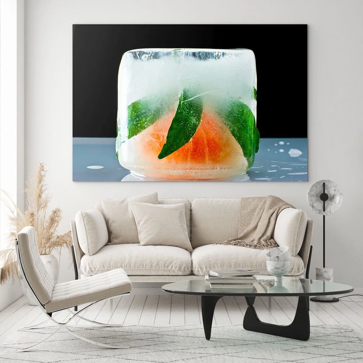 Obraz na szkle - Owoc i liście zamrożone w przezroczystym lodzie - 70x50cm - Świeżość i ochłoda - Nowoczesna dekoracja ścienna do salonu i sypialni ARTTOR