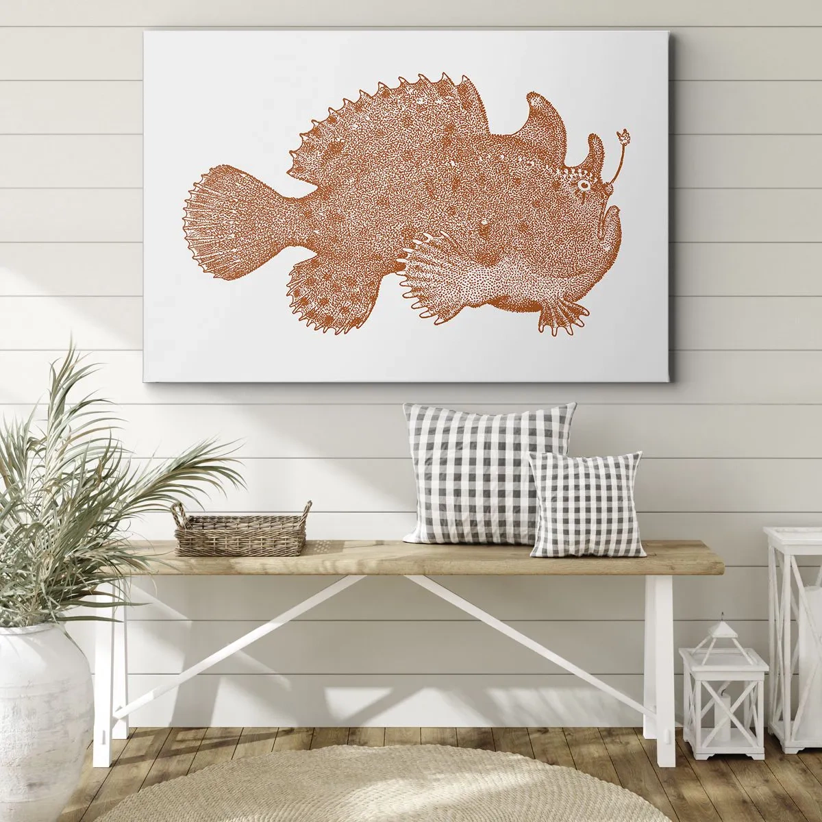 Obraz na płótnie - Detaliczny rysunek ryby w kolorze miedzianym na białym tle - 70x50cm - A jednak ryba - Nowoczesna dekoracja ścienna do salonu i sypialni ARTTOR