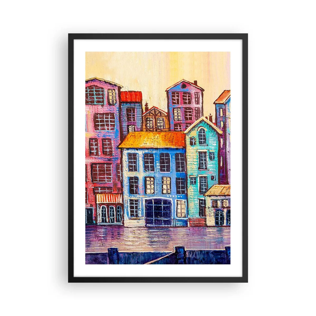 Plakat w czarnej ramie - Kolorowe kamienice nad wodą w malarskim stylu - 50x70cm - Miasto jak z bajki - Nowoczesna dekoracja ścienna do salonu i sypialni ARTTOR