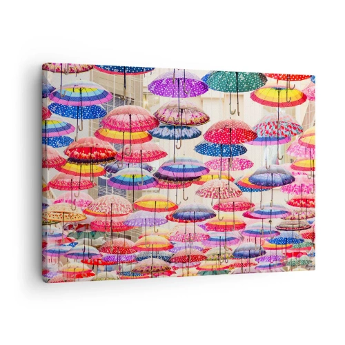 Obraz na płótnie - Kolorowe parasole zawieszone w powietrzu - 70x50cm - Miejska łąka - Nowoczesna dekoracja ścienna do salonu i sypialni ARTTOR