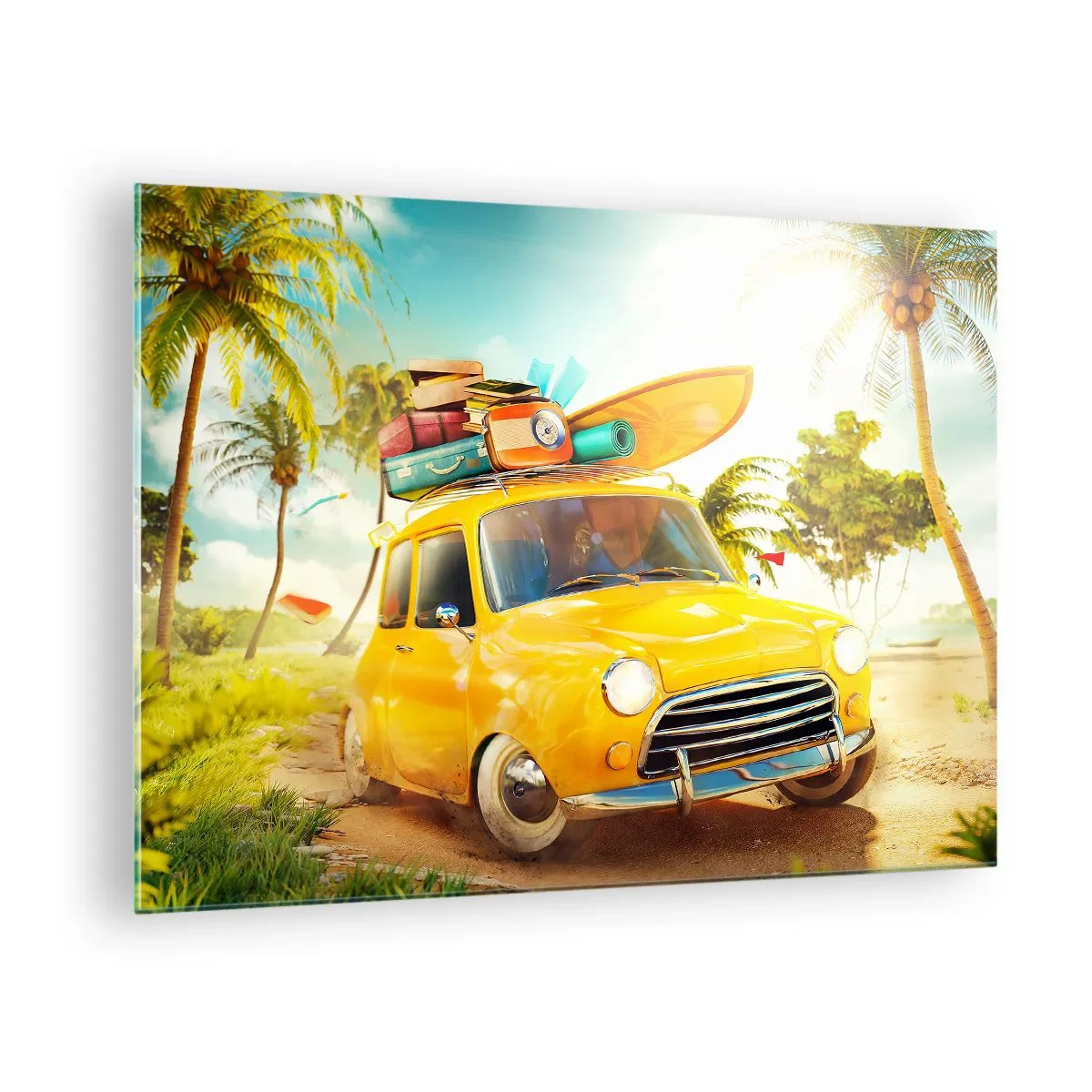 Obraz na szkle - Żółty samochód z bagażem na dachu na tropikalnej plaży - 70x50cm - Podróż po niejeden uśmiech - Nowoczesna dekoracja ścienna do salonu i sypialni ARTTOR