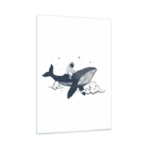 Obraz na szkle - Astronauta jadący na wielorybie wśród gwiazd i chmur - 50x70cm - Kosmiczna przygoda - Nowoczesna dekoracja ścienna do salonu, kuchni i sypialni ARTTOR